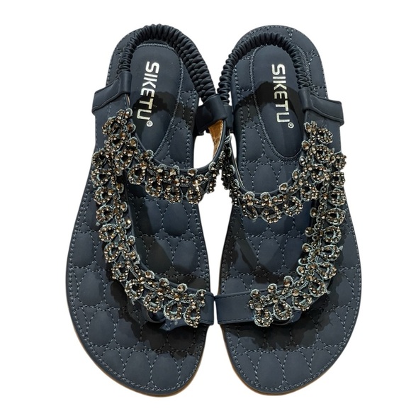 💥SALE💥SIKETU NAVY JEWELED FLIP FLOP SANDALS SZ - Picture 9 of 11
